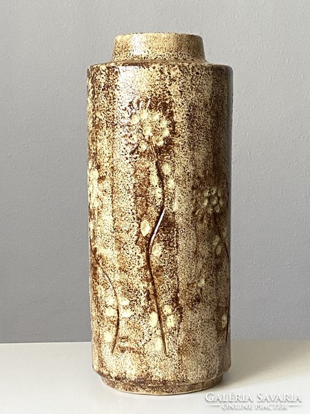 Zsolnay sand-colored retro floor vase decorated with engraved flowers, 56 cm