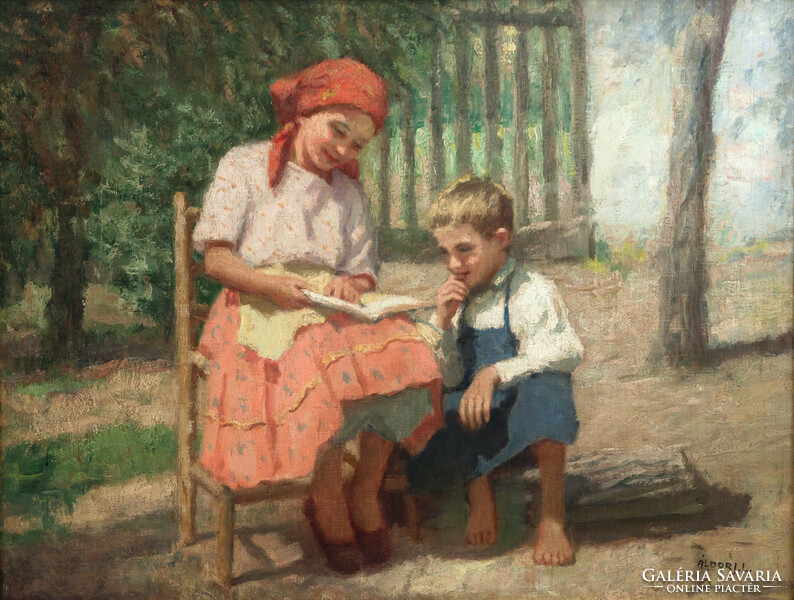 Áldor János László (1895-1944) Olvasó Gyermekek 60x80cm Játszó Gyerekek Kislány Kisfiú Testvérek