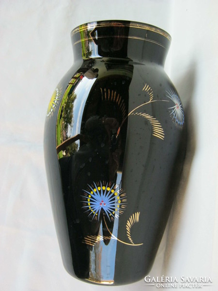 Black glass retro vase, large size 25 cm