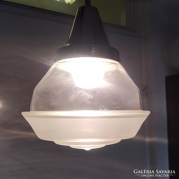 Bauhaus - art deco ceiling lamp renovated - acid-etched in a special shape and clear glass shade