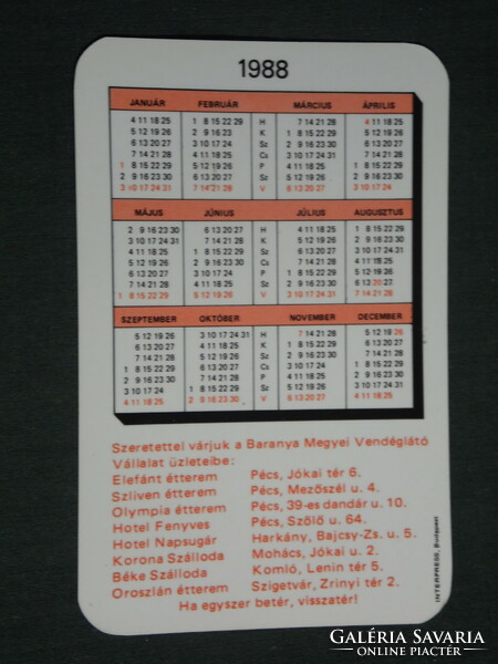 Card calendar, baranya caterer, Olympia restaurant beer hall Pécs, oroszlán restaurant, 1988, (3)