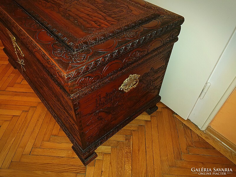 Large scene carved wooden chest