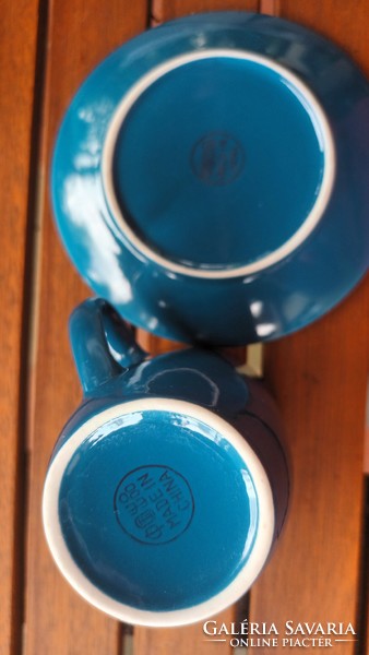Azúrkék kézifestésű kínai kávéskészlet két fedeles teásbögrével