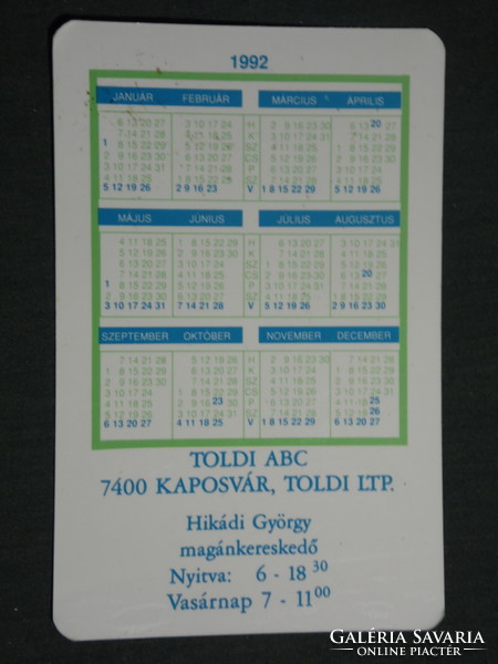 Card calendar, abc store in Told, György Kaposvár of Hikádi, graphic artist, humorous, 1992, (3)