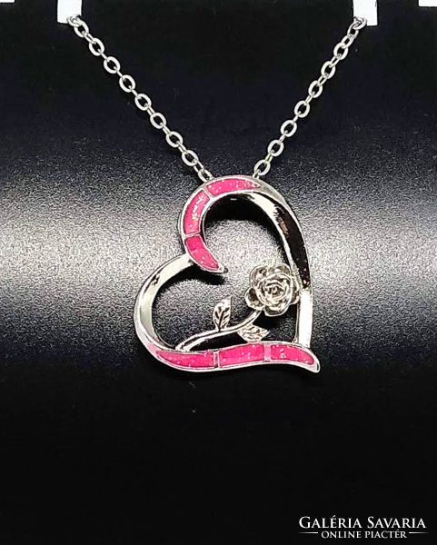 Rose in the heart, silver-plated pendant, stainless steel chain 57
