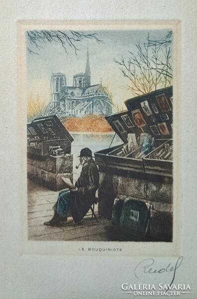 Párizsi könyvárus (színezett rézkarc) francia grafika, párizsi könyvkereskedő