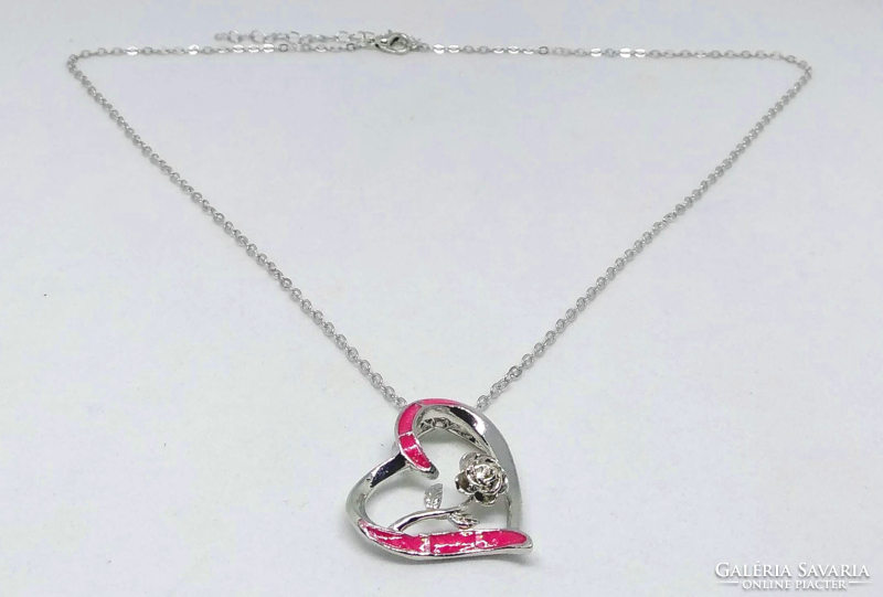 Rose in the heart, silver-plated pendant, stainless steel chain 57