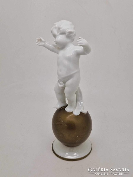 Antik német putto aranyozott gömbön porcelán figura Neutettau 20cm