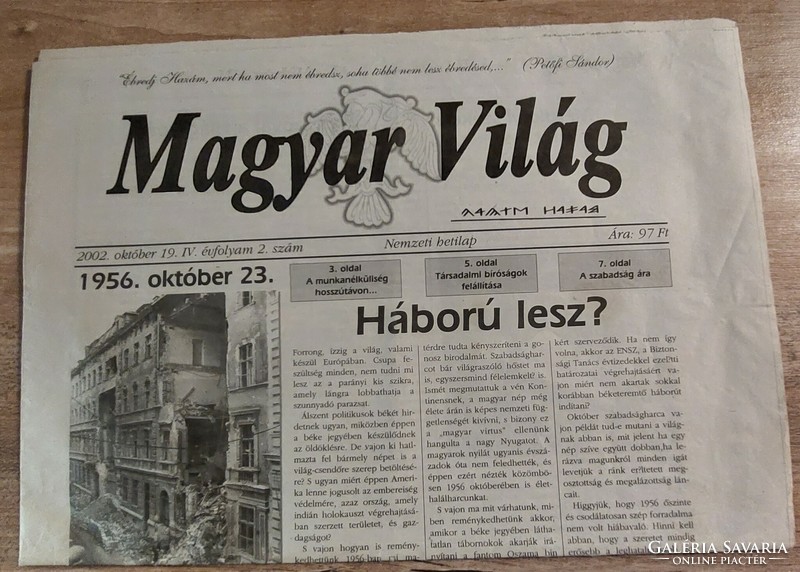 2002. okt.19. Magyar Világ  - nemzeti hetilap - politikai, történelmi újság, lap
