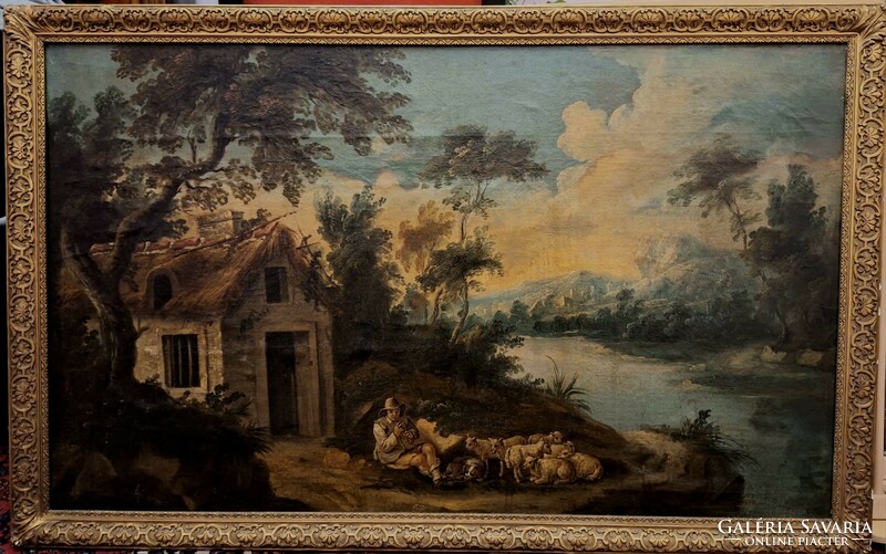 18. századi francia festő: Pihenő pásztor tájban
