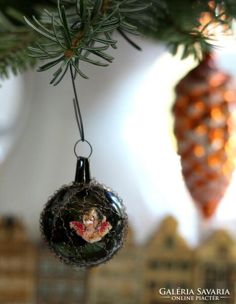 Antique Belgian glass Christmas tree ornament, small sphere with metal mesh, collector's item