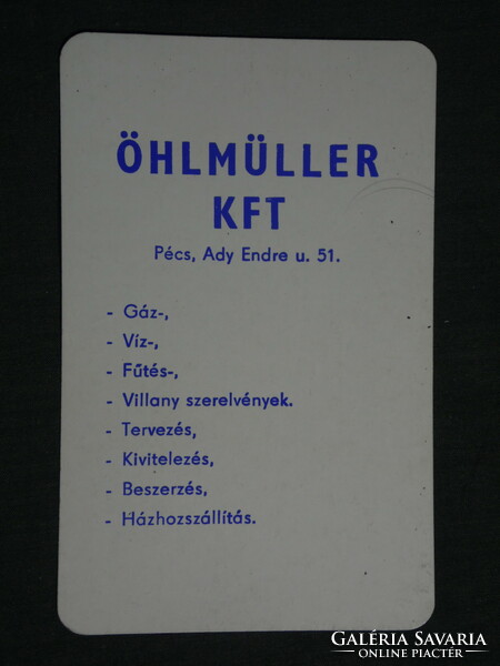 Kártyanaptár, Öhlmüller kft., víz gáz , villany szerelő, Pécs, 1992,   (3)