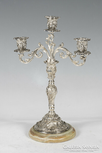 Silver neo-rococo style 3-branch candle holder with marble base