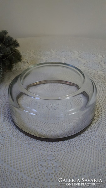 Old heavy glass bowl with silvered metal rim, serving bowl, salad bowl