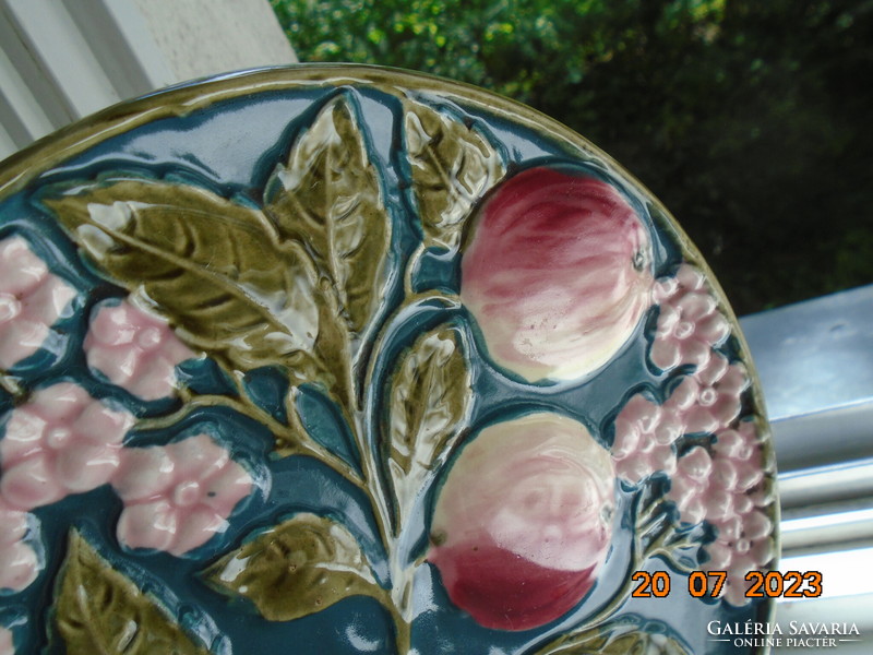 19th French majolica wall plate with embossed peach flower and fruit patterns
