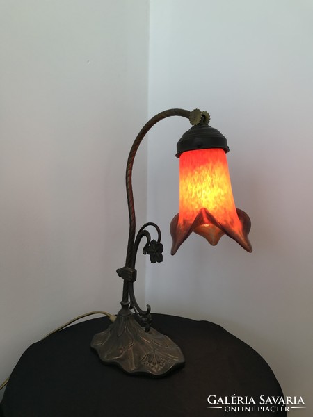 Art nouveau luneville table lamp with French acid stained glass and bronze base