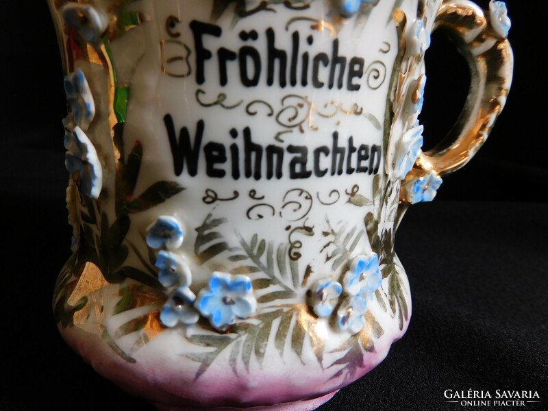 Antique Christmas mug with plastic flower decorations, inscription in German