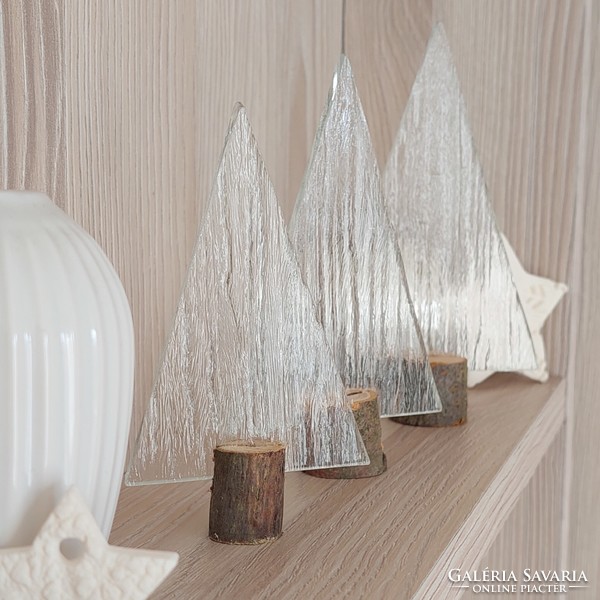 Transparent tree bark patterned glass Christmas tree set of 3 in a wooden base