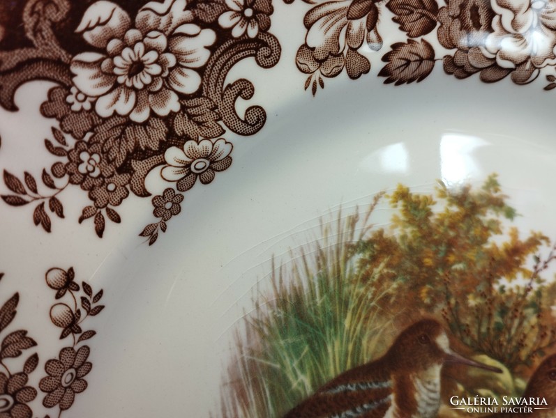 Royal Worcester, Palissy, gyönyörű angol porcelán nagy lapos kínáló tál, közepén erdei szalonkapár