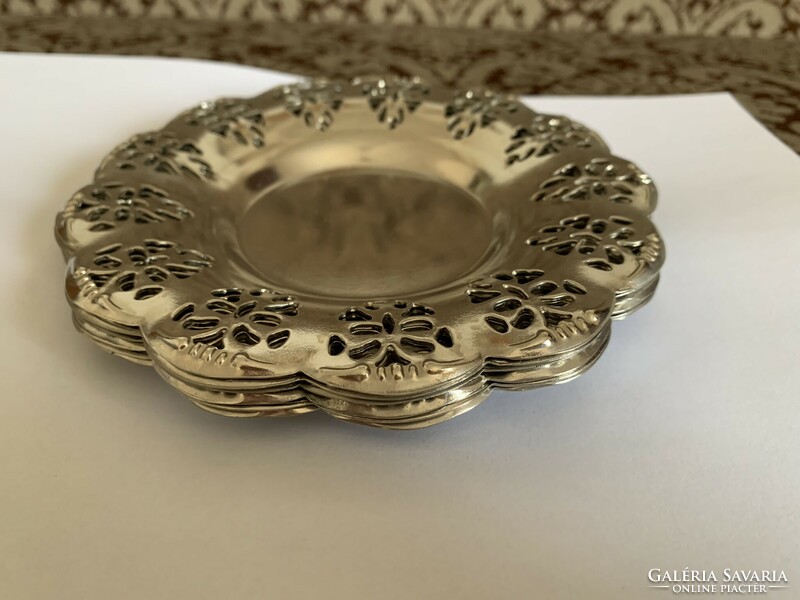 Retro silver-colored coaster with openwork edge, small cake plate set (6 pcs.)
