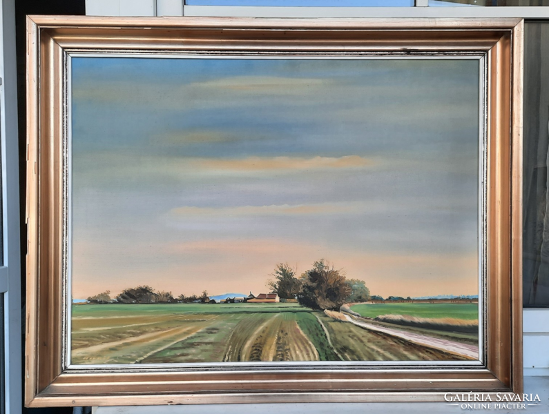 György Kornis: distant farm (oil on canvas, with frame, 60x80 cm, signed) Great Plain landscape