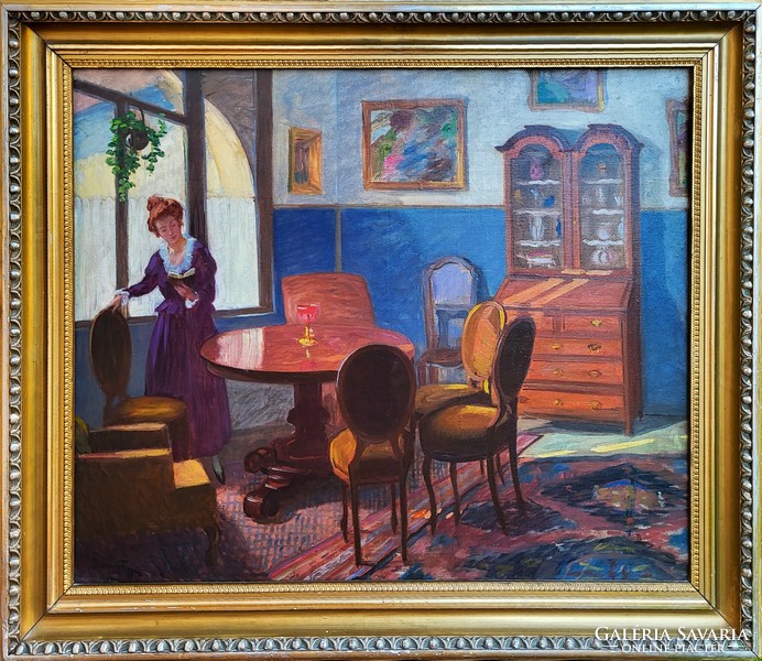 Borszéky Frigyes (1880 - 1955) Olvasó Leány Enteriőrben c. festménye Eredeti Garanciával!