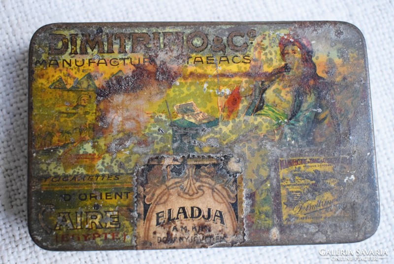 Dimitrino & Co antik cigarettás fém doboz Egyiptom Kairó királyi magyar zárjegy 11x7x2 cm