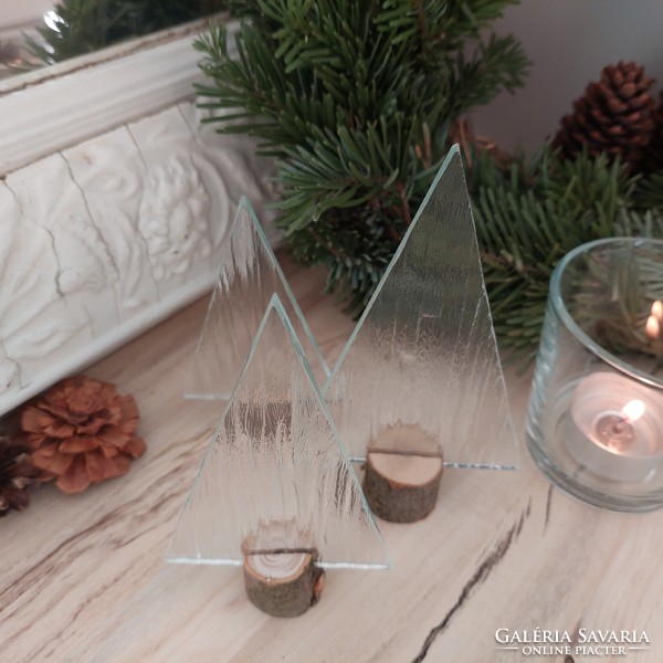 Transparent tree bark patterned glass Christmas tree set of 3 in a wooden base