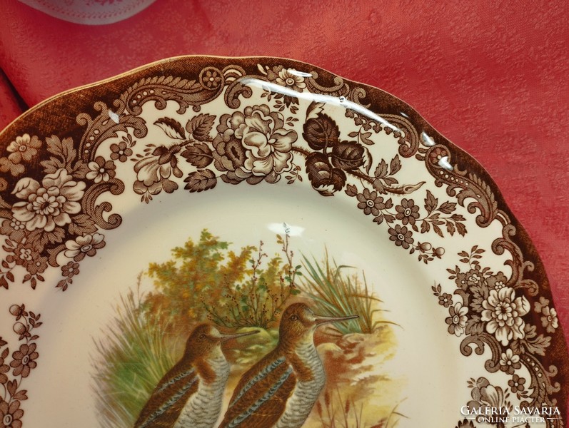 Royal Worcester, Palissy, gyönyörű angol porcelán nagy lapos kínáló tál , közepén erdei szalonkapár
