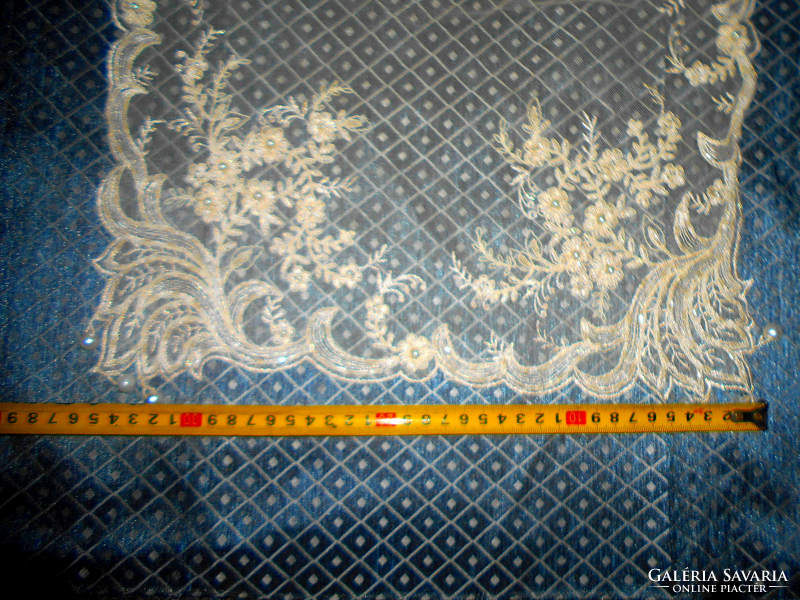 Tulle embroidery--breath-thin, very beautiful, embroidered tulle lace with pearls 40 cm x 35 cm tablecloth-