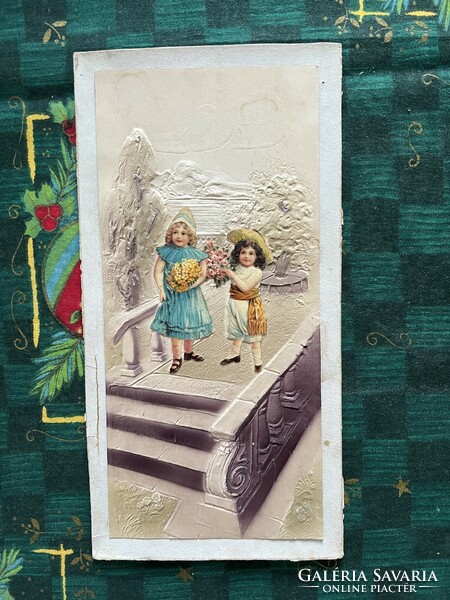 Antik papír dombornyomott litográfia kép karácsonyfadísz, dekoráció kislányokkal