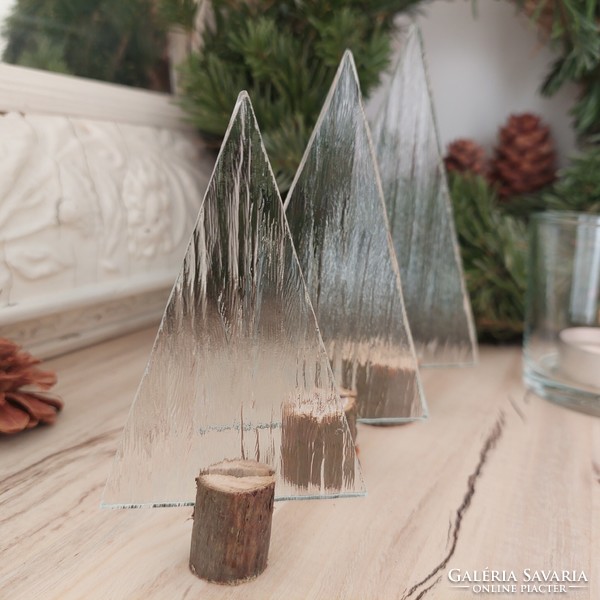 Áttetsző fa kéreg mintás üveg karácsonyfa 3 darabos készlet fa talpban