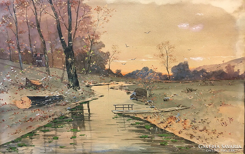 Heinrich Wertheim:Tájkép patakkal,1900,szecessziós akvarell
