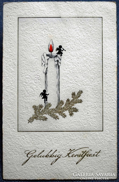 Art deco dombornyomott Karácsonyi  üdvözlő sziluett képeslap - gyertya, amngyalkák 1938ból