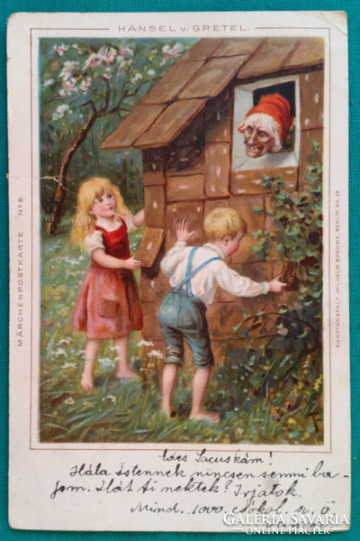Meseképeslap Grimm testvérek Hansel und Grethel " Nr 6 "  , futott, sérült grafikus képeslap, 1900