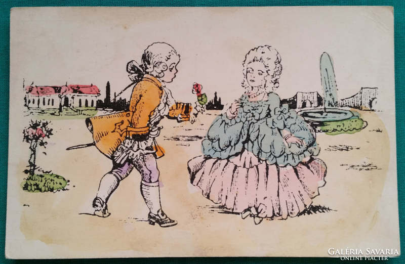Antique graphic colored postcard, children in baroque clothes, post clean