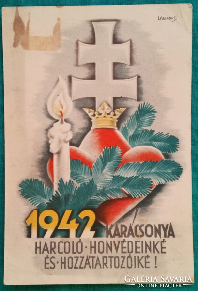 Antik grafikus postatiszta képeslap, szignós - Leventeifjúság Honvédkarácsonya (Légrády S.) 1942