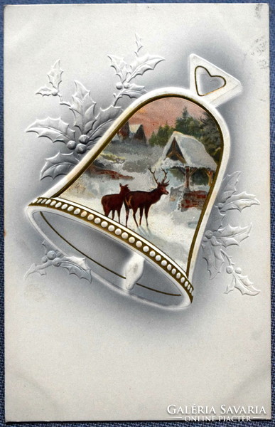 Antik dombornyomott Karácsonyi  üdvözlő litho képeslap -  őz /szarvas téli táj , harangban