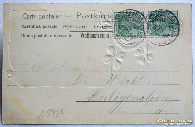 Antik dombornyomott különleges képeslap - pecsét , szerencsepatkó , 4levelű lóhere, Telegramm