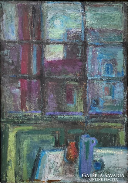 Krajcsovics Éva (1947 - ) Műteremablak c. Képcsarnokos festménye Eredeti Garanciával!