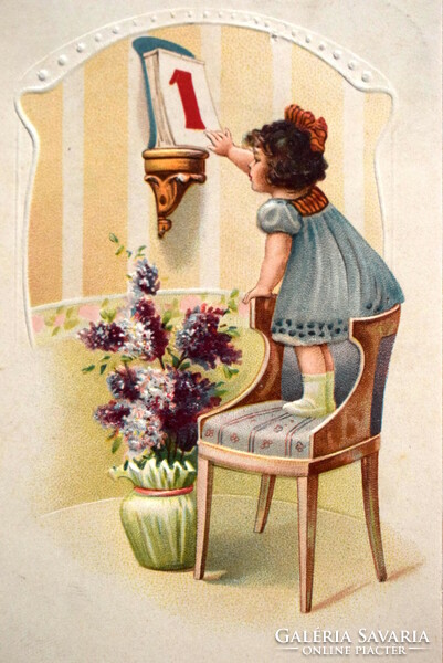 Antik dombornyomott Újévi üdvözlő képeslap -kisleány széken állva , jan1.  1913/14