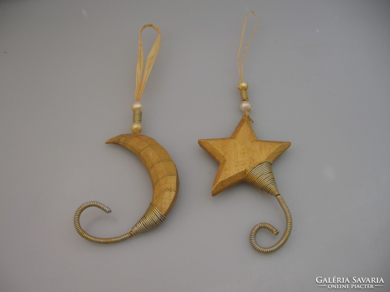 Pair of wooden moon and star handmade Christmas ornaments