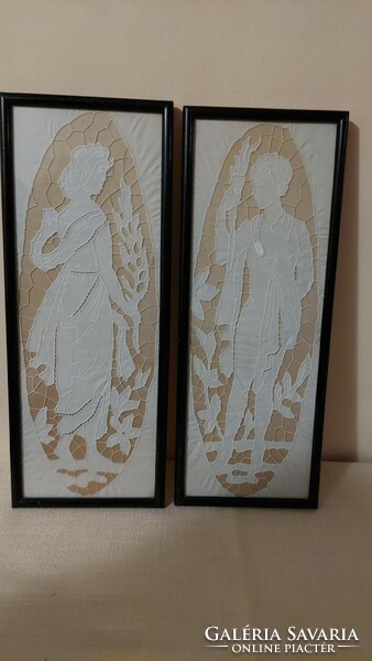 Pair of wall pictures, madeira lace picture