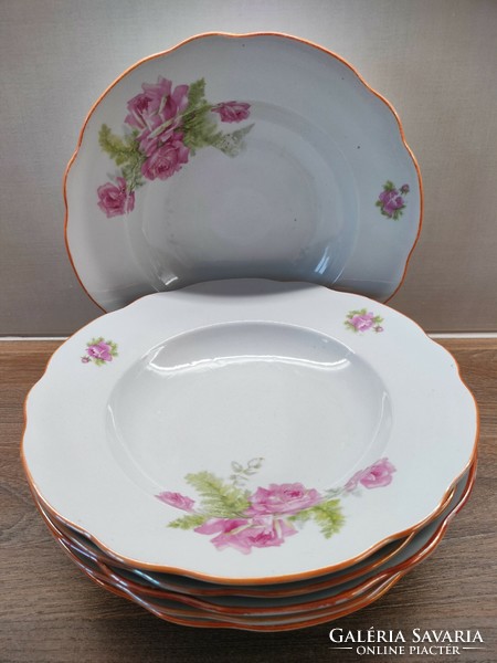 6 Zsolnay porcelain deep plates with rose decor, shield seal mark, luster glaze strip