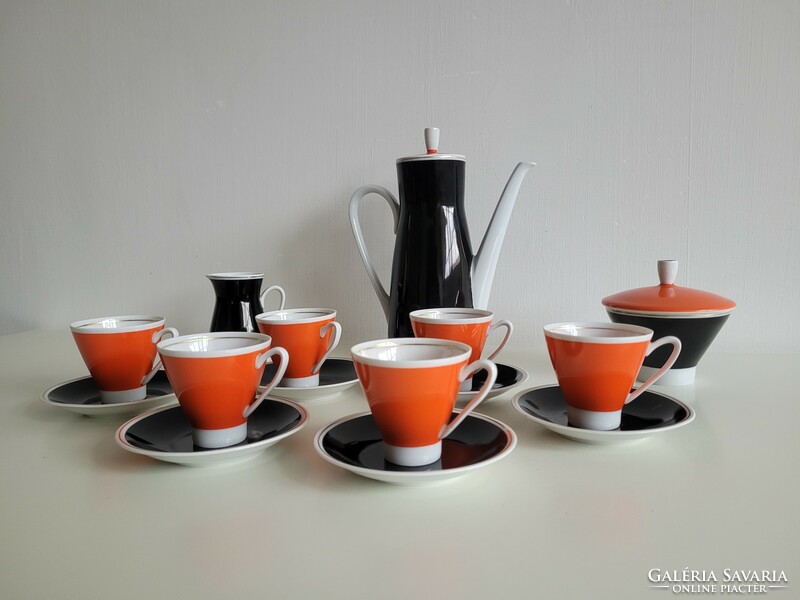 Retro német Freiberger GDR narancs fekete kávés mokkás készlet színes 6 személyes mid century