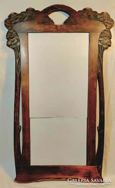 Szecessziós, eredeti, különleges formájú faragott  tükörpár, metszett tükörlappal, 65 x 37 cm