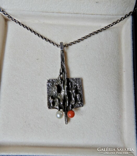 Old relo modernist silver necklace with coral and real pearl