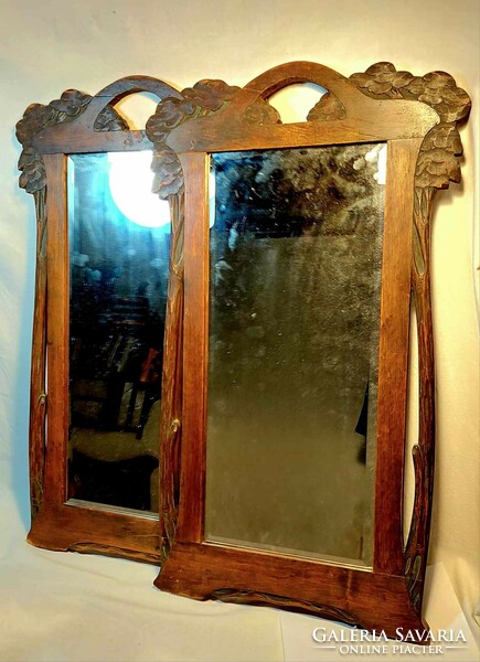 Art Nouveau, original, specially shaped pair of carved mirrors, with engraved mirror plate, 65 x 37 cm