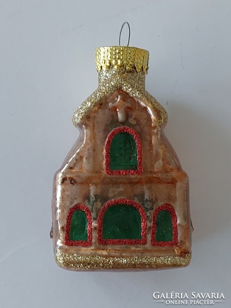 Retro üveg karácsonyfadísz templom üvegdísz házikó