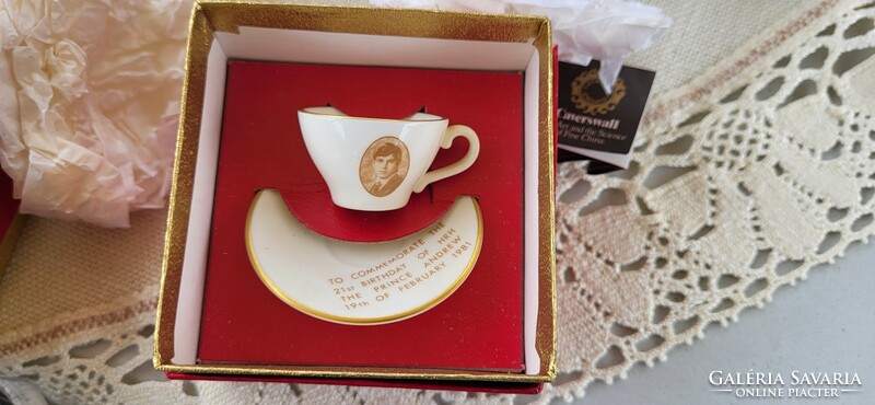 English Caverswall miniature porcelain cup with coaster issued for Prince Andrew's 21st birthday